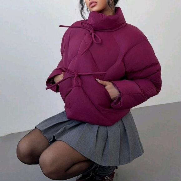 Women's Solid Color Front Tie Long Sleeve Pocket Casual Winter Jacket - Picture 1 of 4